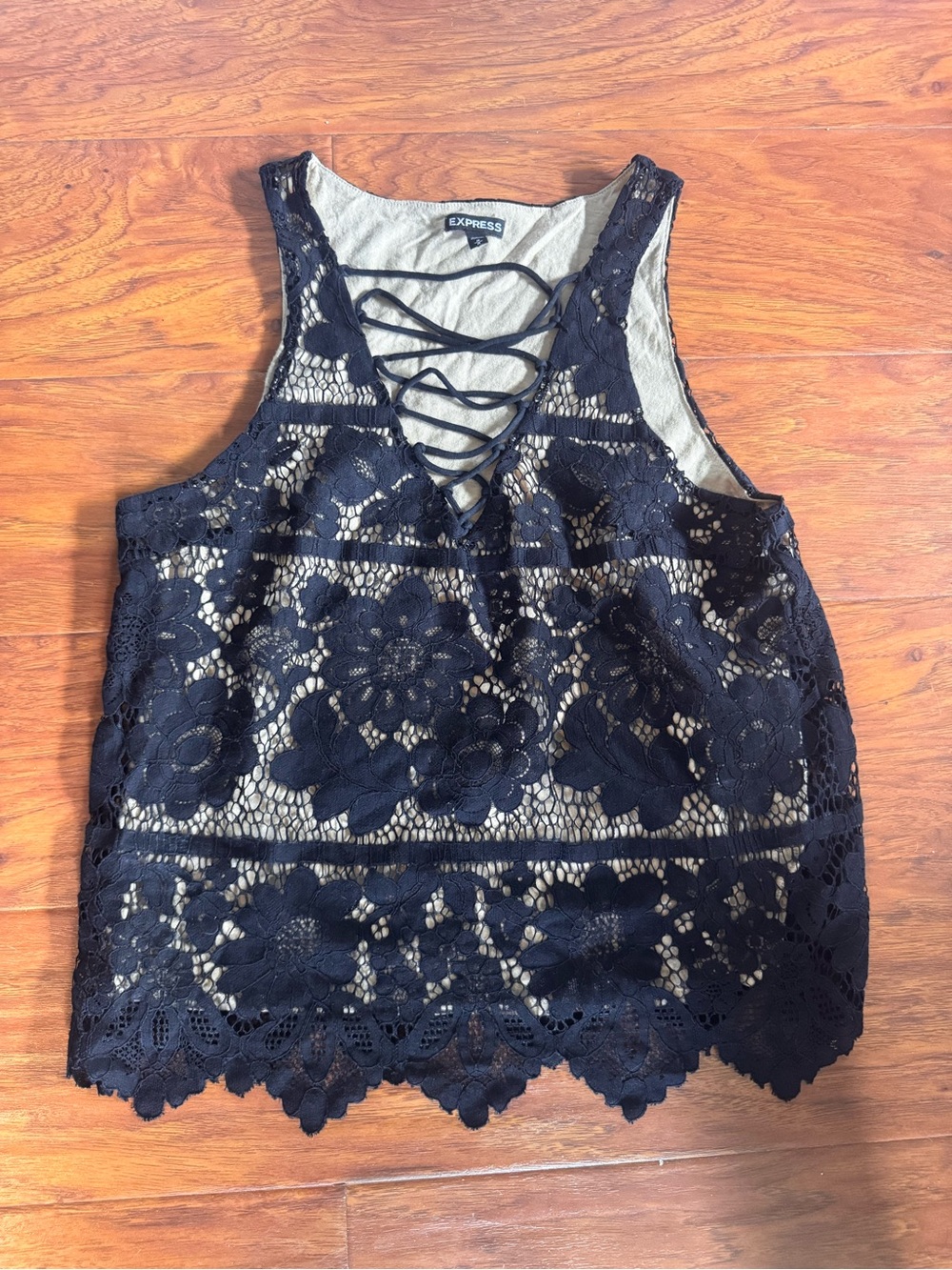 Express Black Lace Shell Tank with Crisscross Front - Medium